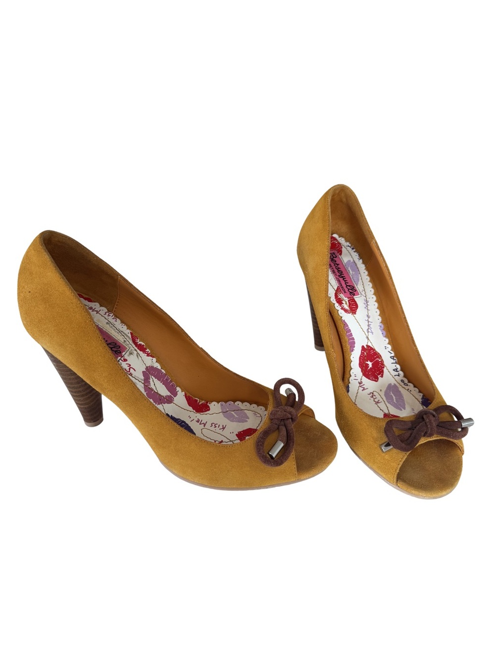 Betsey Johnson Mustard Yellow Suede Peep-Toe Pumps with Brown Bow size 9